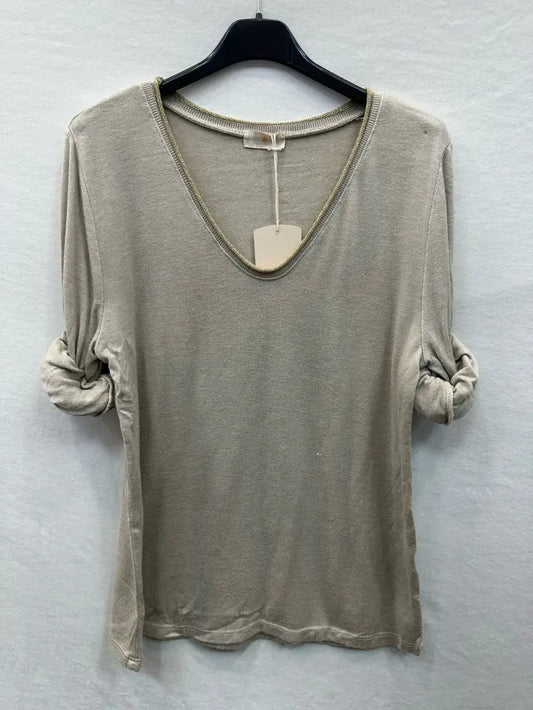 Fine Knit Top With Lurex Collar @5611_HColLux: Light beige