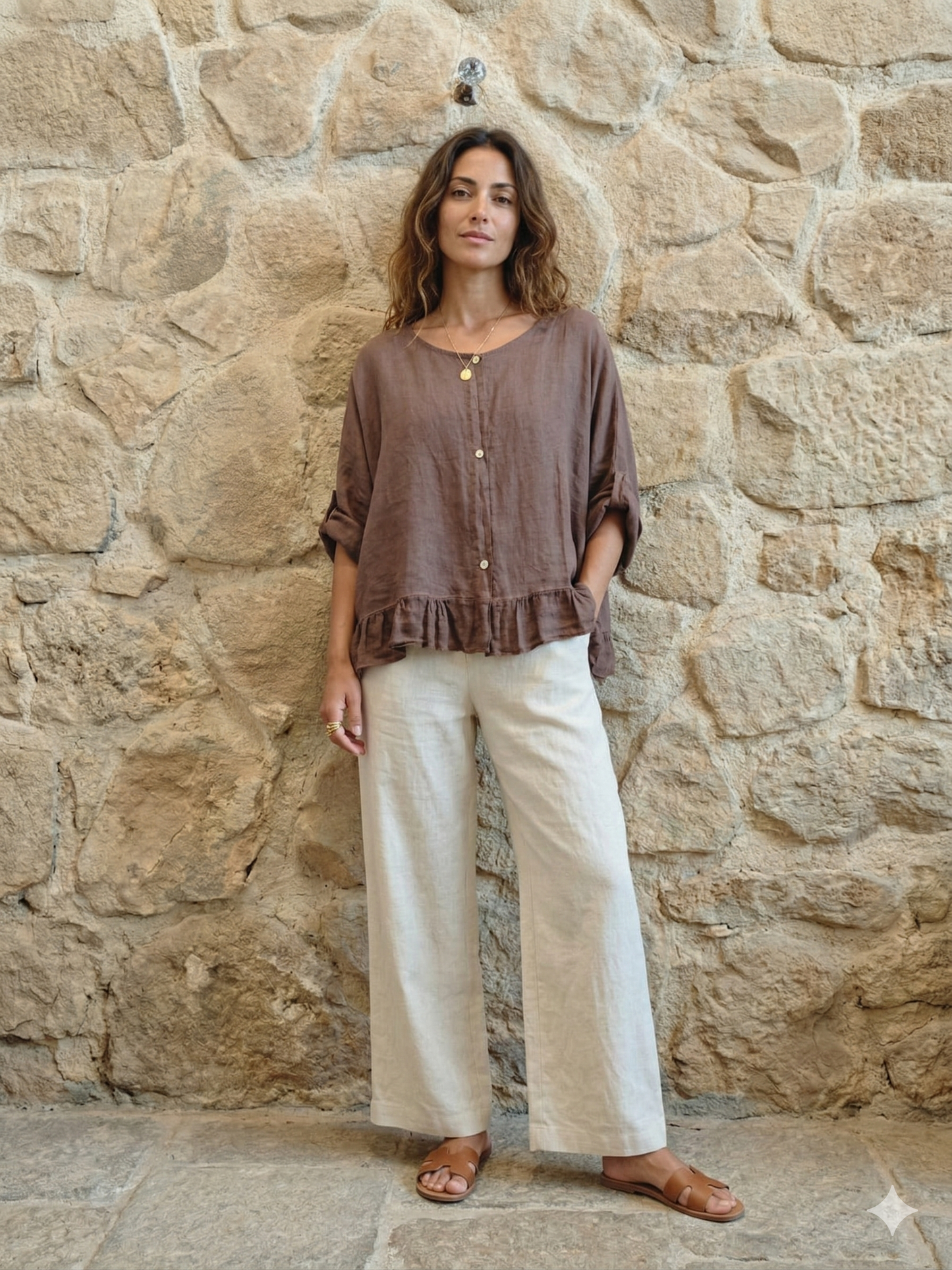 Ref-764 BASIC SHORT BLOUSE 100% LINEN: Beige