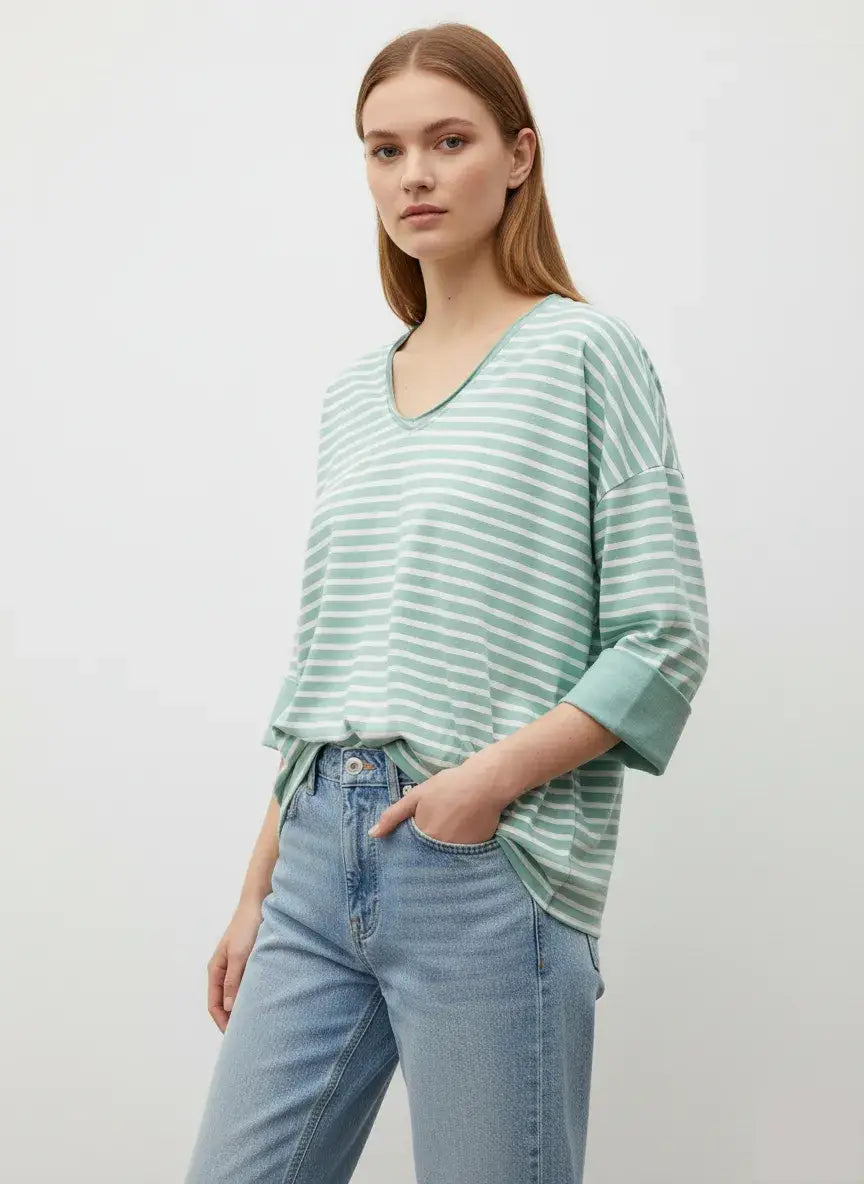 Striped V-Neck T-Shirt @9231_HVRayure: Navy