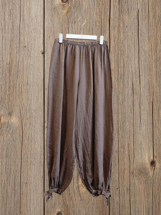 Ref-18324 Ankle-length pants with bow, 100% linen: Brown