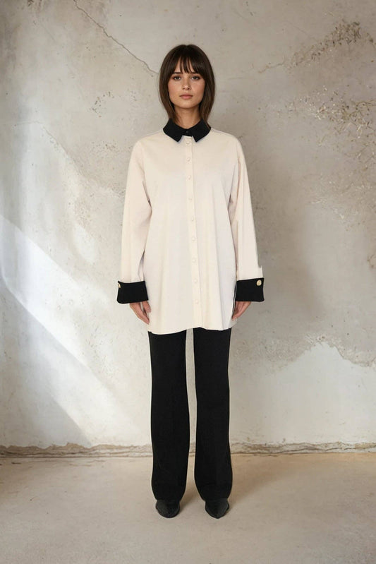 GOLD BUTTONED DETAILED CONTRAST SHIRT: Cream / S