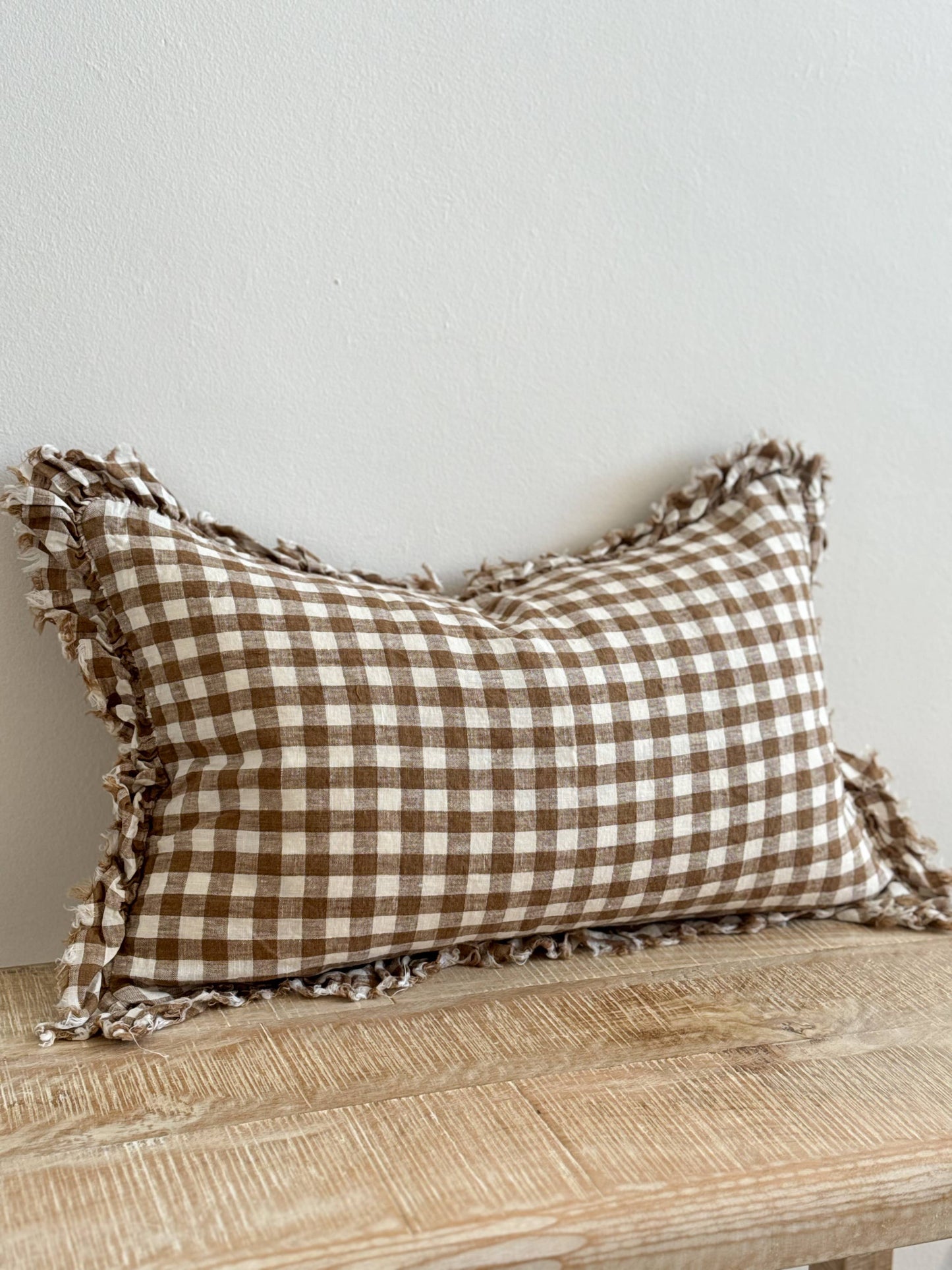 Hallie Ruffled Linen Cushion Cover 50x30 – Brown Gingham
