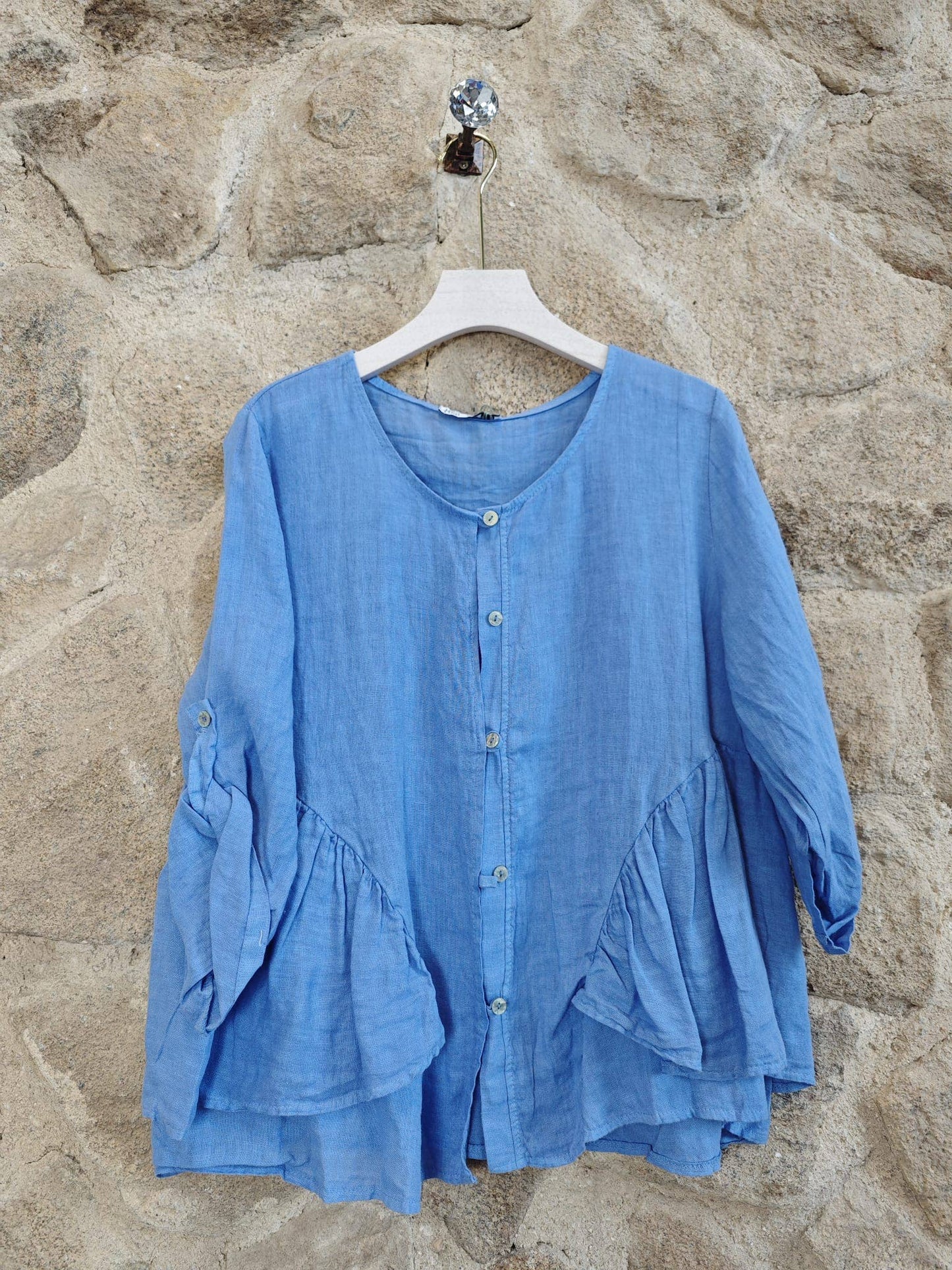 Ref-12232 RUFFLED BLOUSE 100% LINEN: Beige