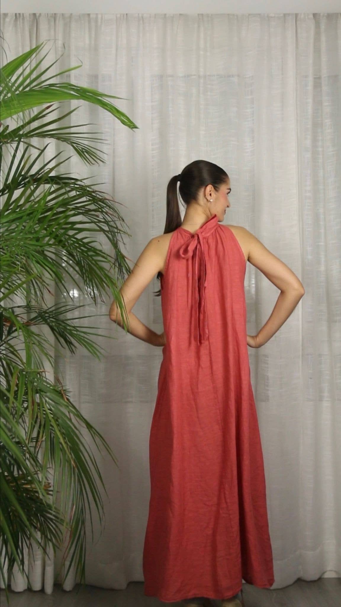 Ref-72330 DRESS WITH BACK BOW 100% LINEN: Caqui