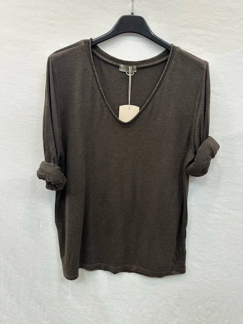 Fine Knit Top With Lurex Collar @5611_HColLux: Camel