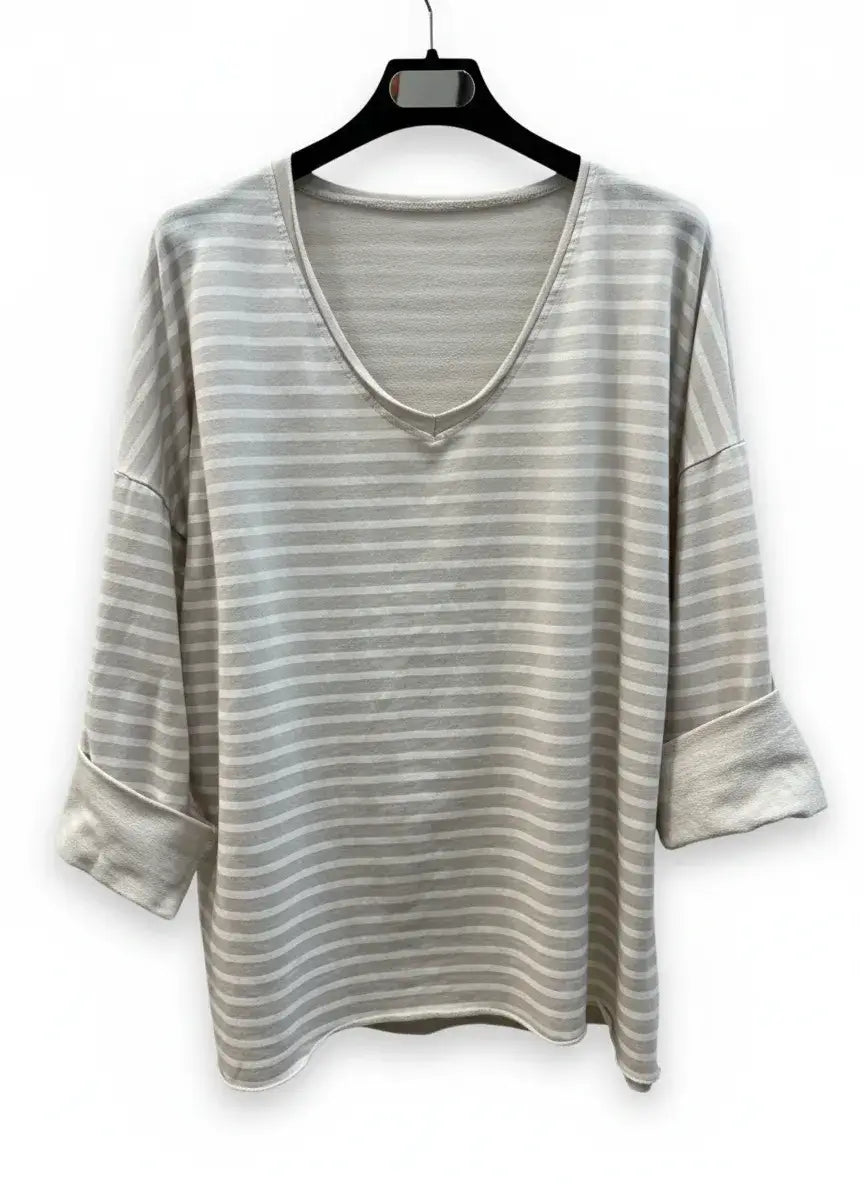 Striped V-Neck T-Shirt @9231_HVRayure: White