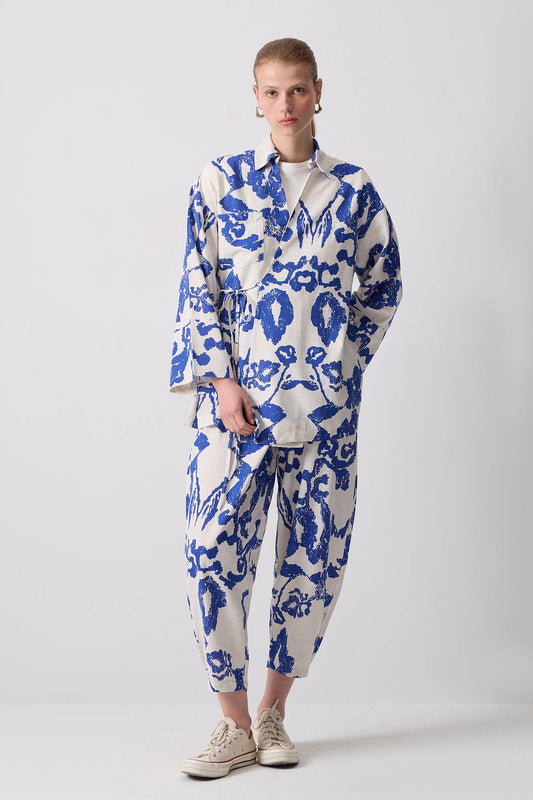 LINEN TEXTURED PATTERNED KIMONO PANTS SET: Blue / Standart