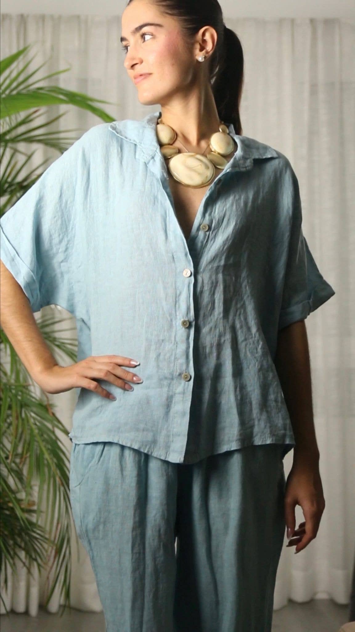Ref-83531 100% LINEN SHORT-SLEEVE SHIRT: CAMEL