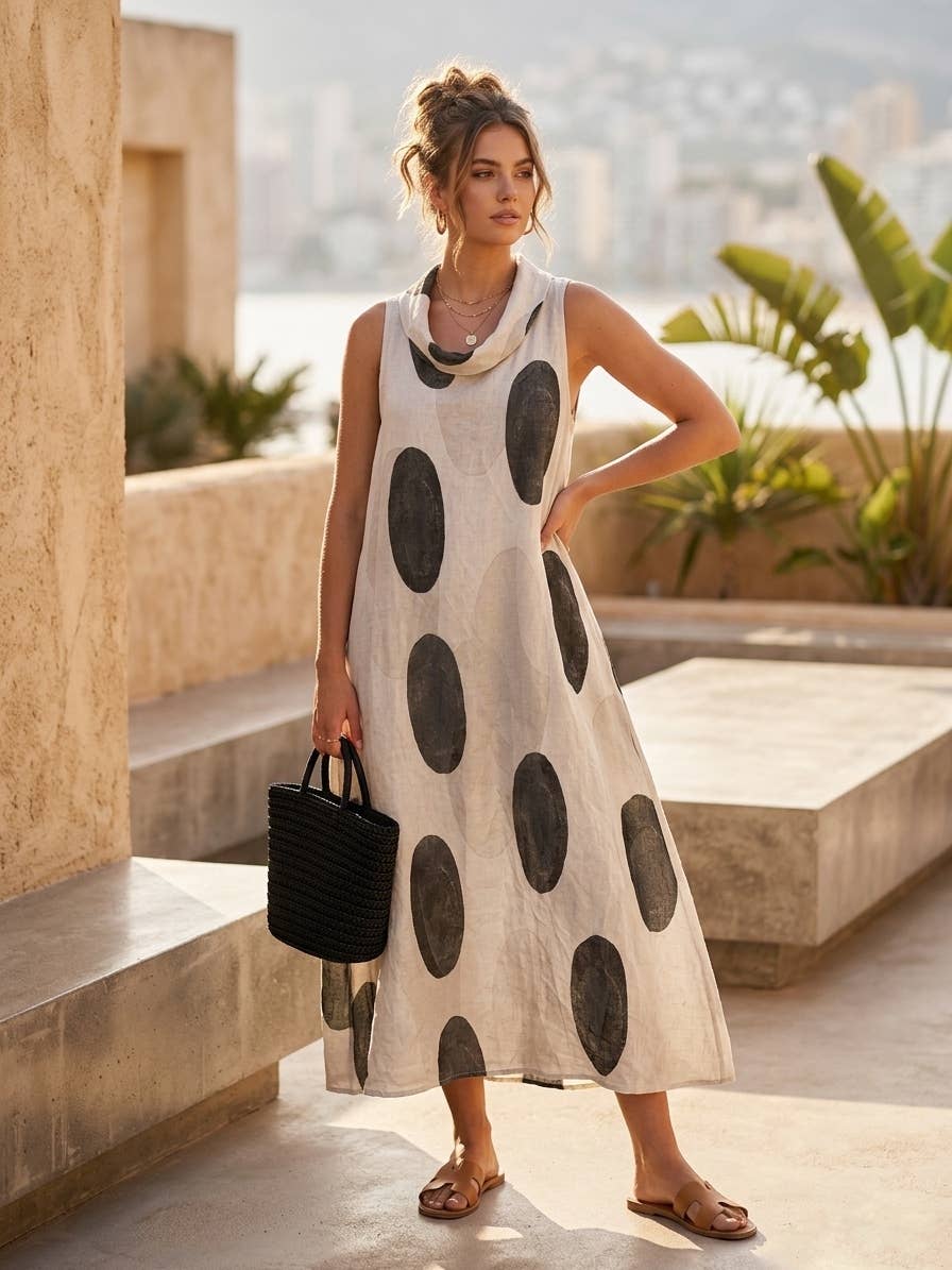 69352A Long linen dress with oval motifs and draped neckline: Blanc