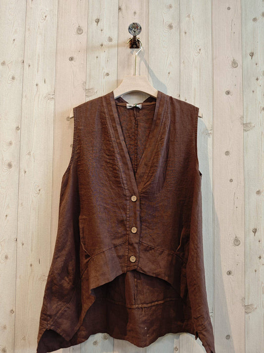 SLEEVELESS BLOUSE 100% LINEN: BROWN