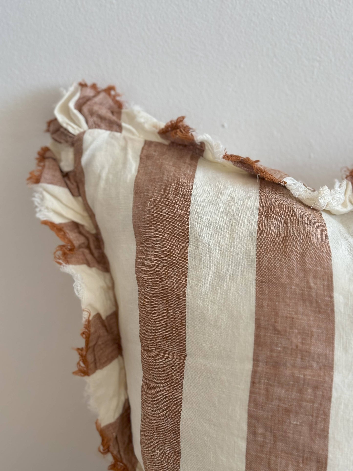 Hallie Ruffled Linen Cushion Cover 45x45 – Wide Rust Stripe
