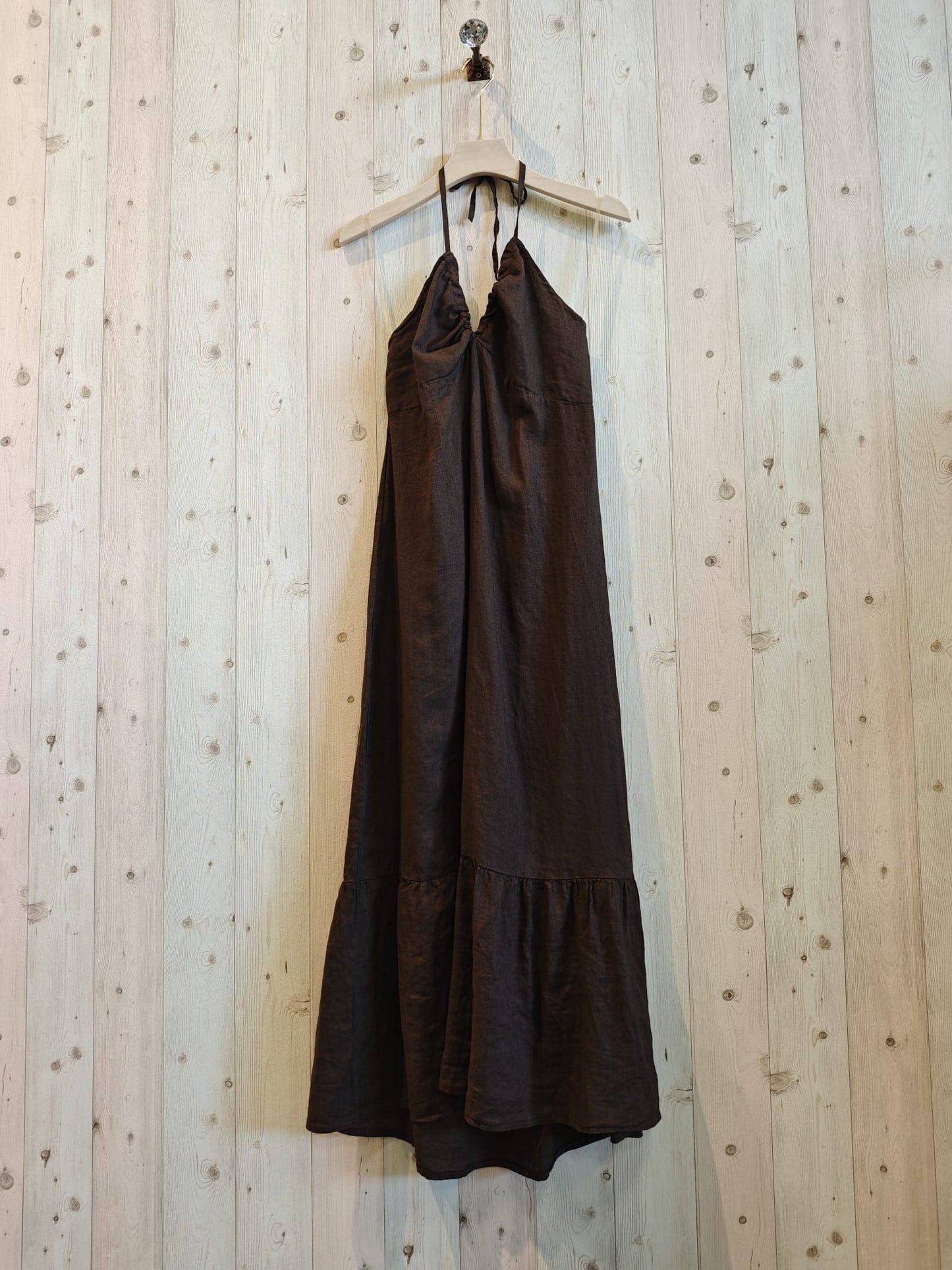 Ref-14491 100% LINEN STRAP DRESS: BEIGE