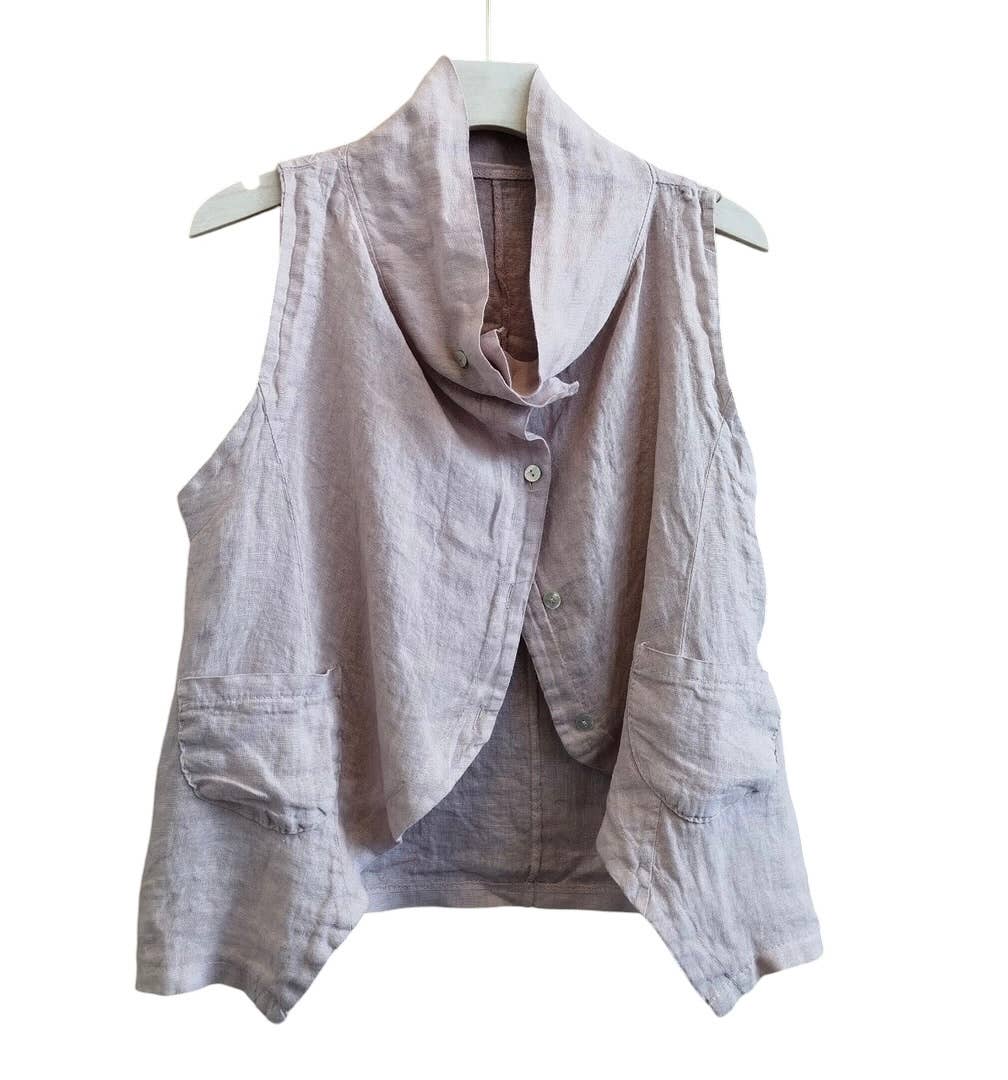 8718 Asymmetrical buttoned linen vest with pockets and collar: BROWN