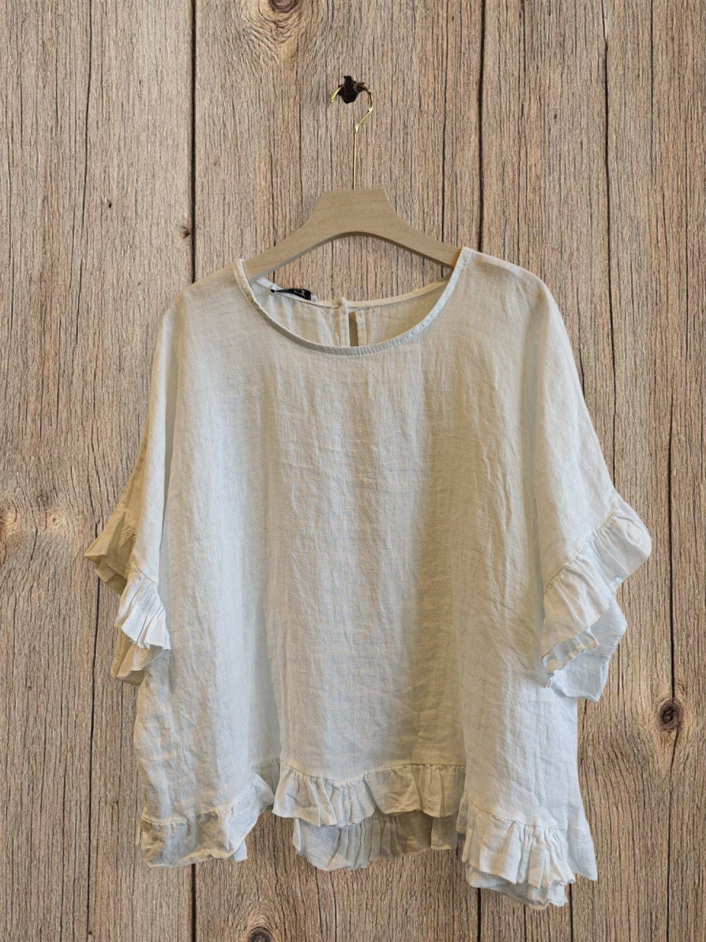 Ref-10740 RUFFLED BLOUSE 100% LINEN: BLANCO