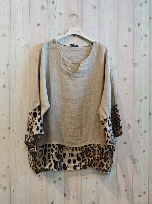 REF 12035 100% LINEN LEOPARD PRINT BLOUSE: BEIGE