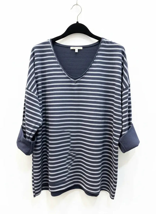 Striped V-Neck T-Shirt @9231_HVRayure: Navy