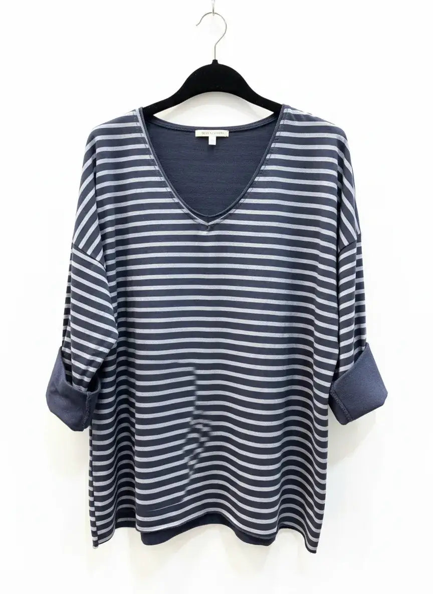 Striped V-Neck T-Shirt @9231_HVRayure: White