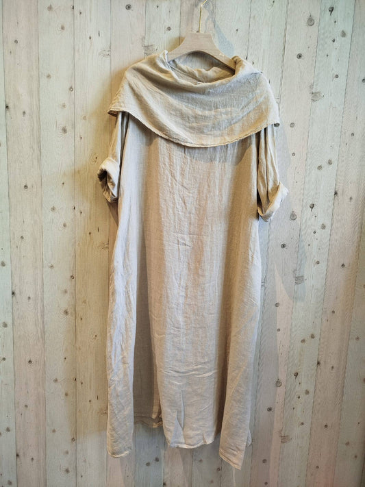 REF 2632 DRESS WITH LAPEL COLLAR 100% LINEN: Beige